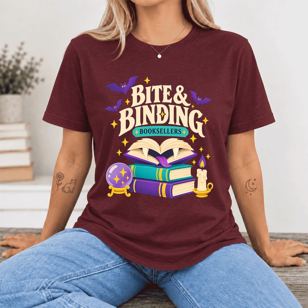 Bite & Binding Booksellers Ultra-Soft Cotton T-Shirt | Fantasy Reader Gift Maroon