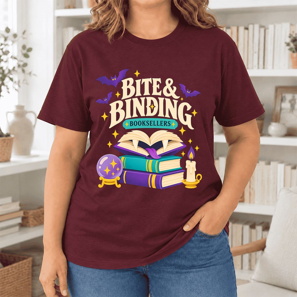 Bite & Binding Booksellers Ultra-Soft Cotton T-Shirt | Fantasy Reader Gift Maroon