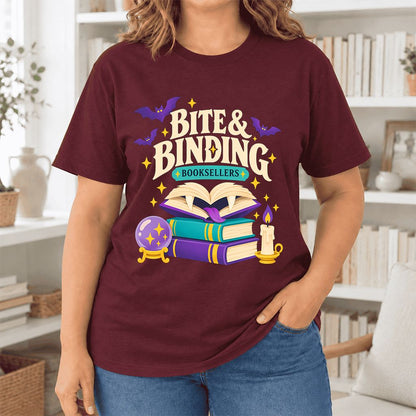 Bite & Binding Booksellers Ultra-Soft Cotton T-Shirt | Fantasy Reader Gift Maroon