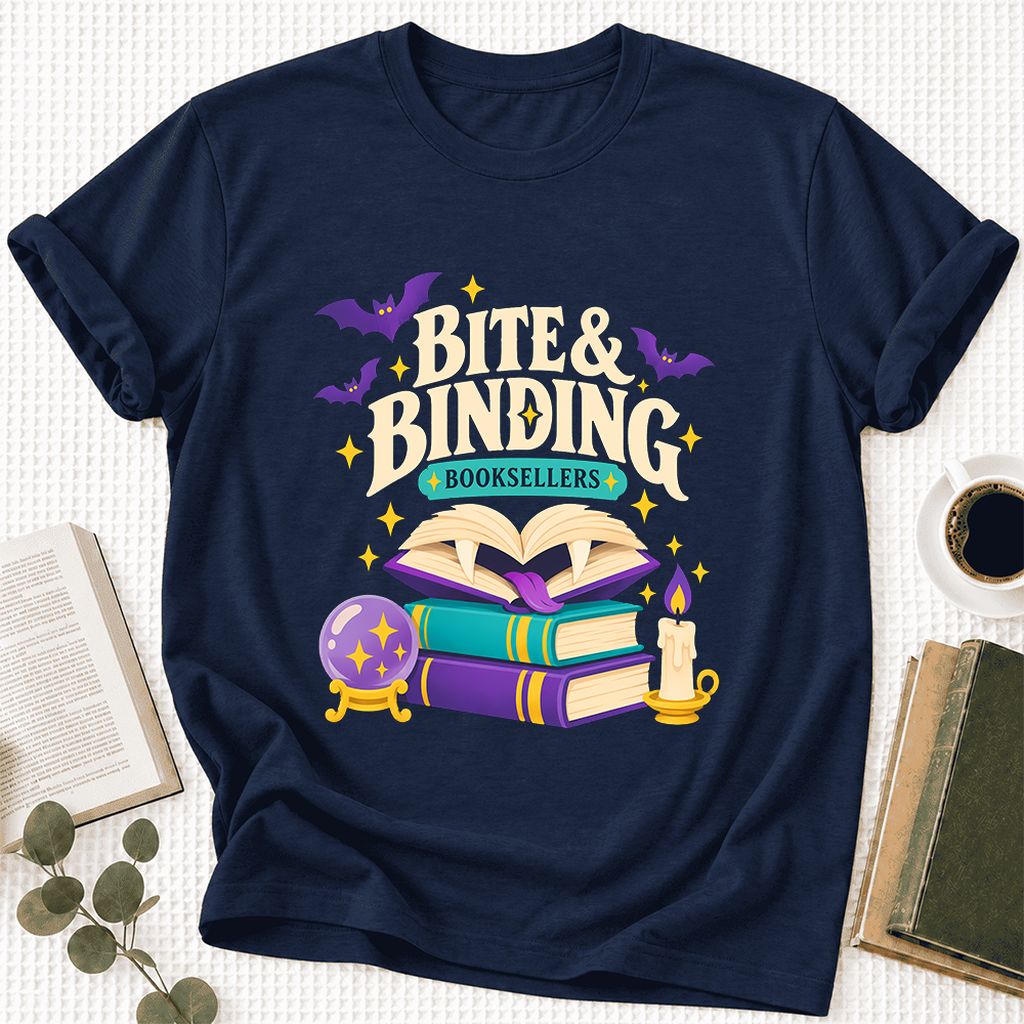 Bite & Binding Booksellers Ultra-Soft Cotton T-Shirt | Fantasy Reader Gift Navy