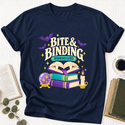 Bite & Binding Booksellers Ultra-Soft Cotton T-Shirt | Fantasy Reader Gift Navy