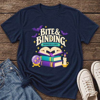 Bite & Binding Booksellers Ultra-Soft Cotton T-Shirt | Fantasy Reader Gift Navy