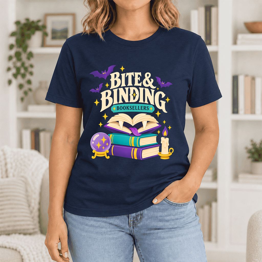 Bite & Binding Booksellers Ultra-Soft Cotton T-Shirt | Fantasy Reader Gift Navy