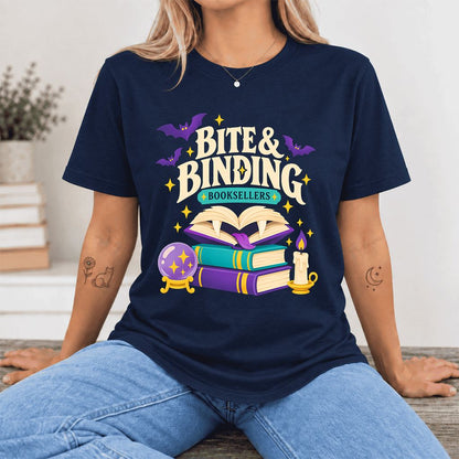 Bite & Binding Booksellers Ultra-Soft Cotton T-Shirt | Fantasy Reader Gift Navy