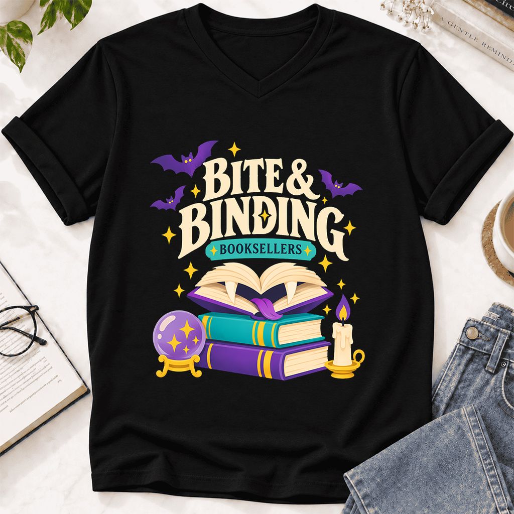 Bite & Binding Booksellers Ultra-Soft V-Neck | Fantasy Reader Gift Black