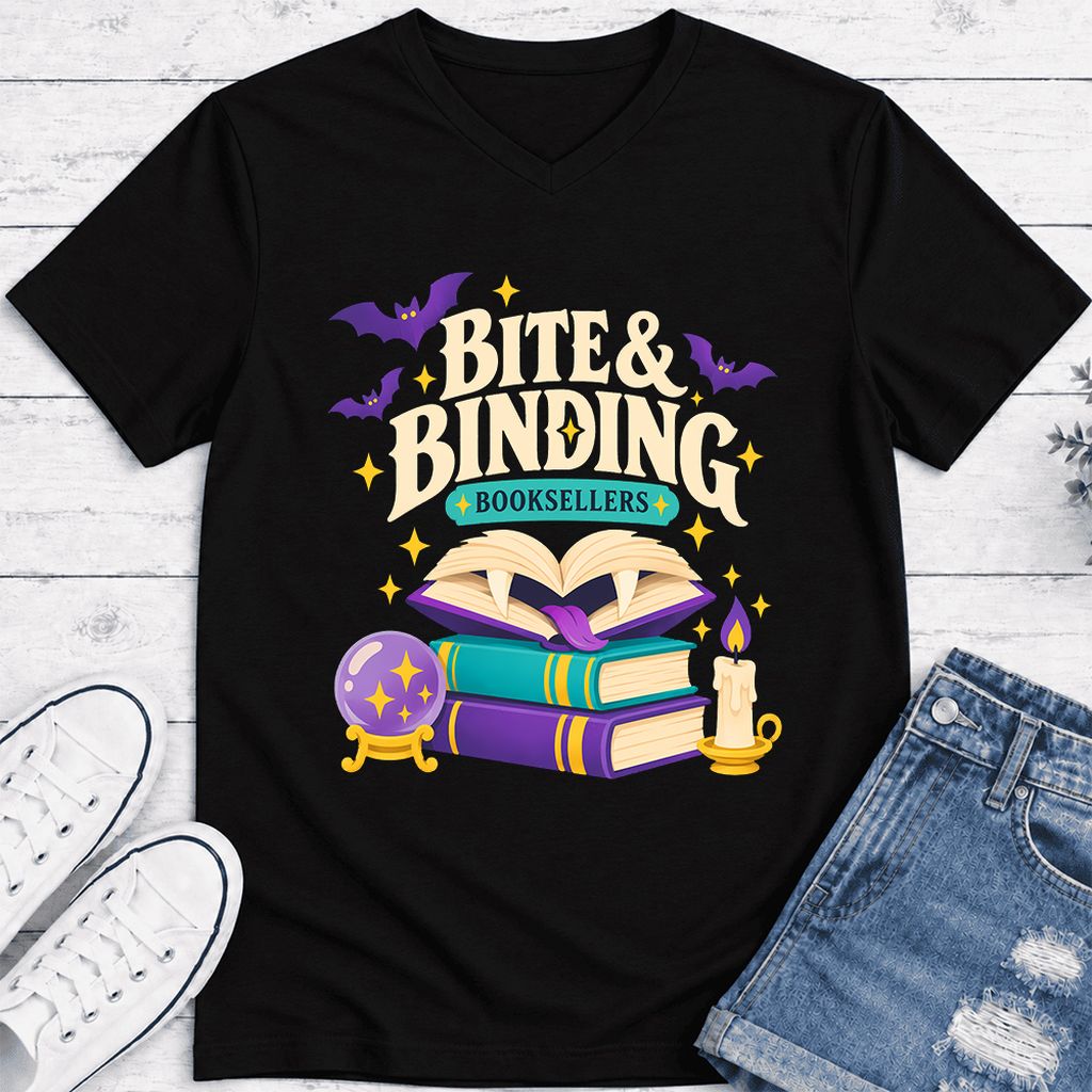 Bite & Binding Booksellers Ultra-Soft V-Neck | Fantasy Reader Gift Black