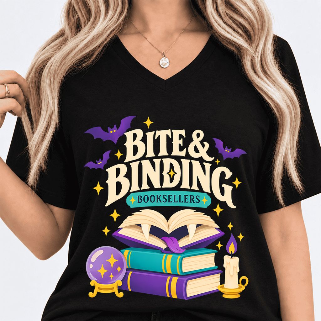 Bite & Binding Booksellers Ultra-Soft V-Neck | Fantasy Reader Gift Black