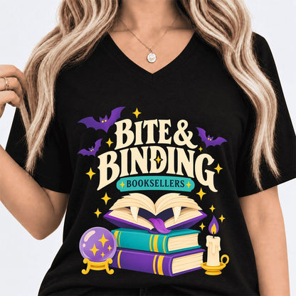 Bite & Binding Booksellers Ultra-Soft V-Neck | Fantasy Reader Gift Black