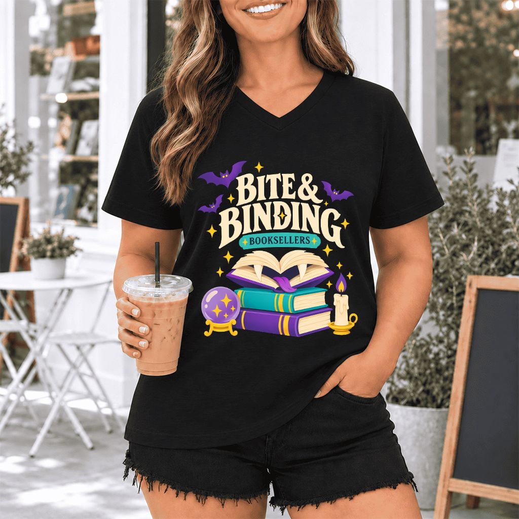 Bite & Binding Booksellers Ultra-Soft V-Neck | Fantasy Reader Gift Black
