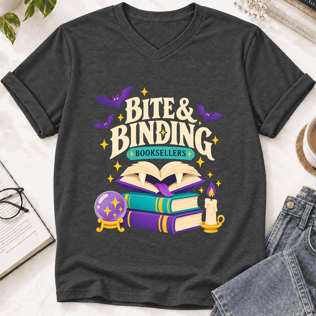 Bite & Binding Booksellers Ultra-Soft V-Neck | Fantasy Reader Gift Dark Grey Heather