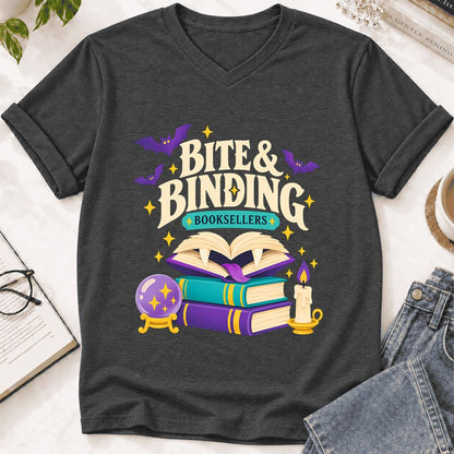 Bite & Binding Booksellers Ultra-Soft V-Neck | Fantasy Reader Gift Dark Grey Heather