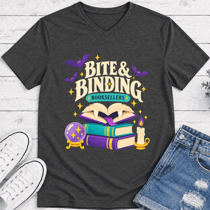 Bite & Binding Booksellers Ultra-Soft V-Neck | Fantasy Reader Gift Dark Grey Heather