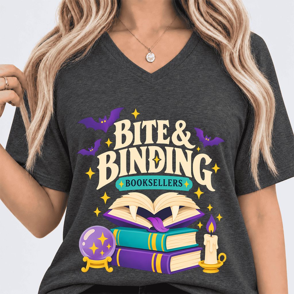 Bite & Binding Booksellers Ultra-Soft V-Neck | Fantasy Reader Gift Dark Grey Heather