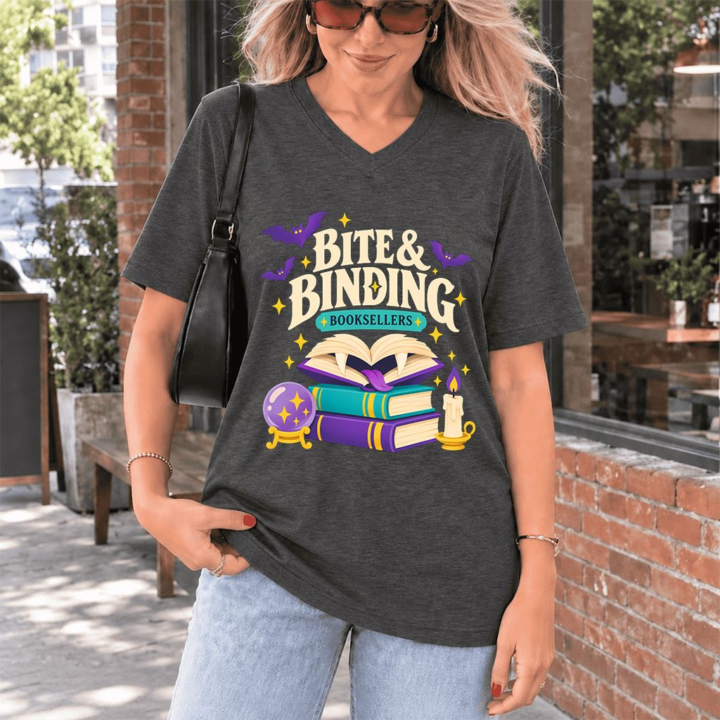Bite & Binding Booksellers Ultra-Soft V-Neck | Fantasy Reader Gift Dark Grey Heather