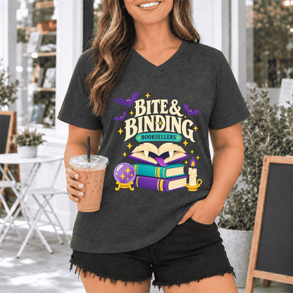 Bite & Binding Booksellers Ultra-Soft V-Neck | Fantasy Reader Gift Dark Grey Heather