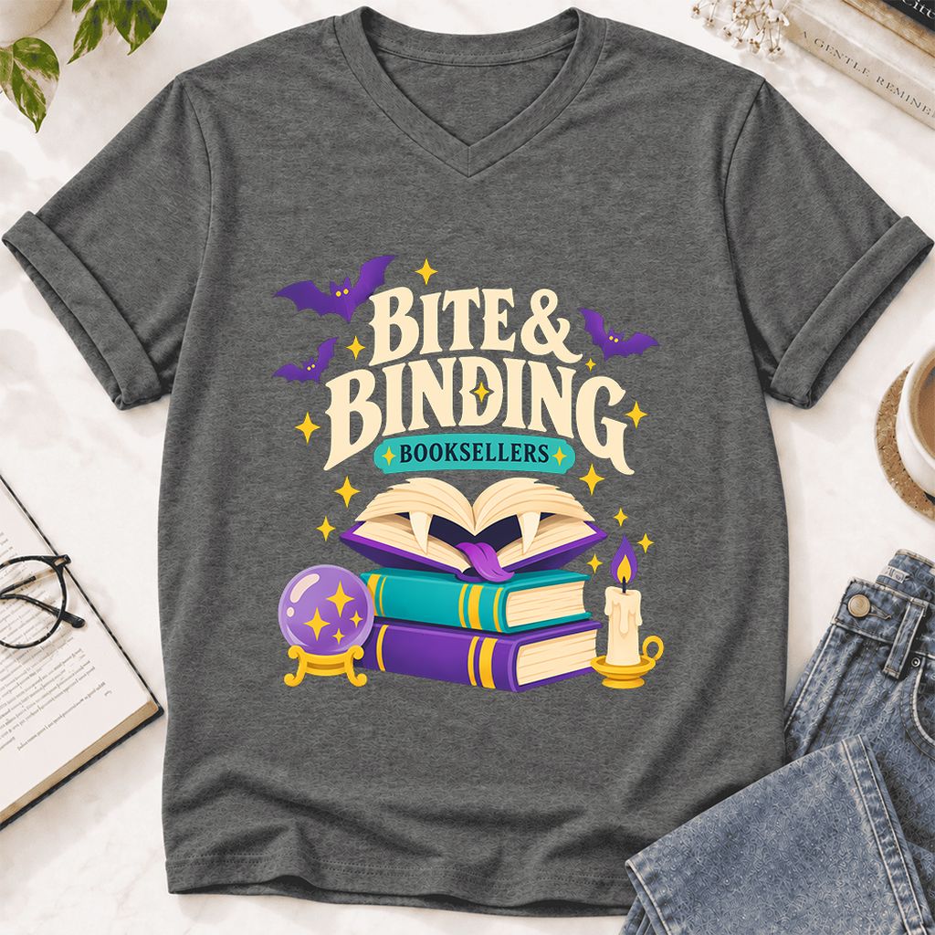 Bite & Binding Booksellers Ultra-Soft V-Neck | Fantasy Reader Gift Deep Heather