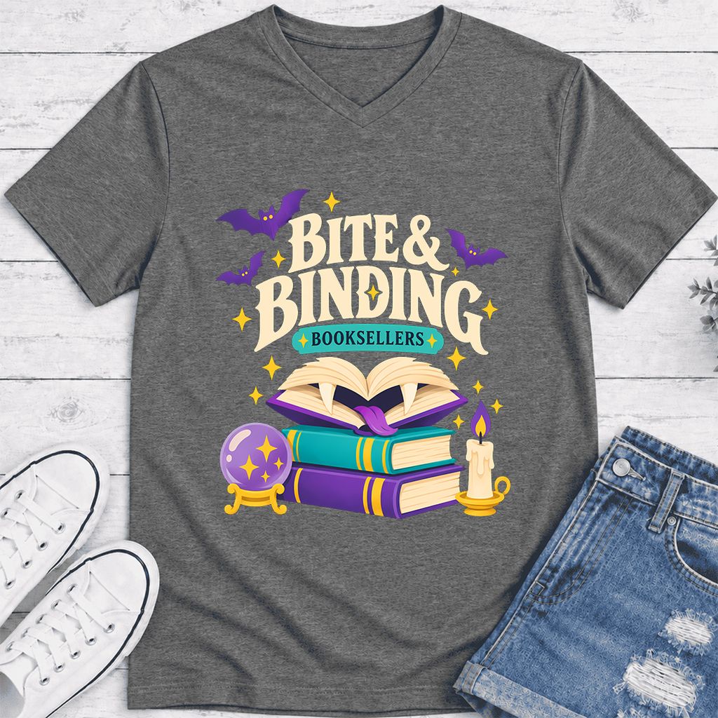 Bite & Binding Booksellers Ultra-Soft V-Neck | Fantasy Reader Gift Deep Heather
