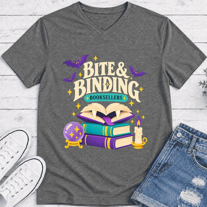 Bite & Binding Booksellers Ultra-Soft V-Neck | Fantasy Reader Gift Deep Heather