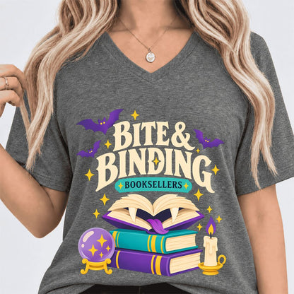 Bite & Binding Booksellers Ultra-Soft V-Neck | Fantasy Reader Gift Deep Heather