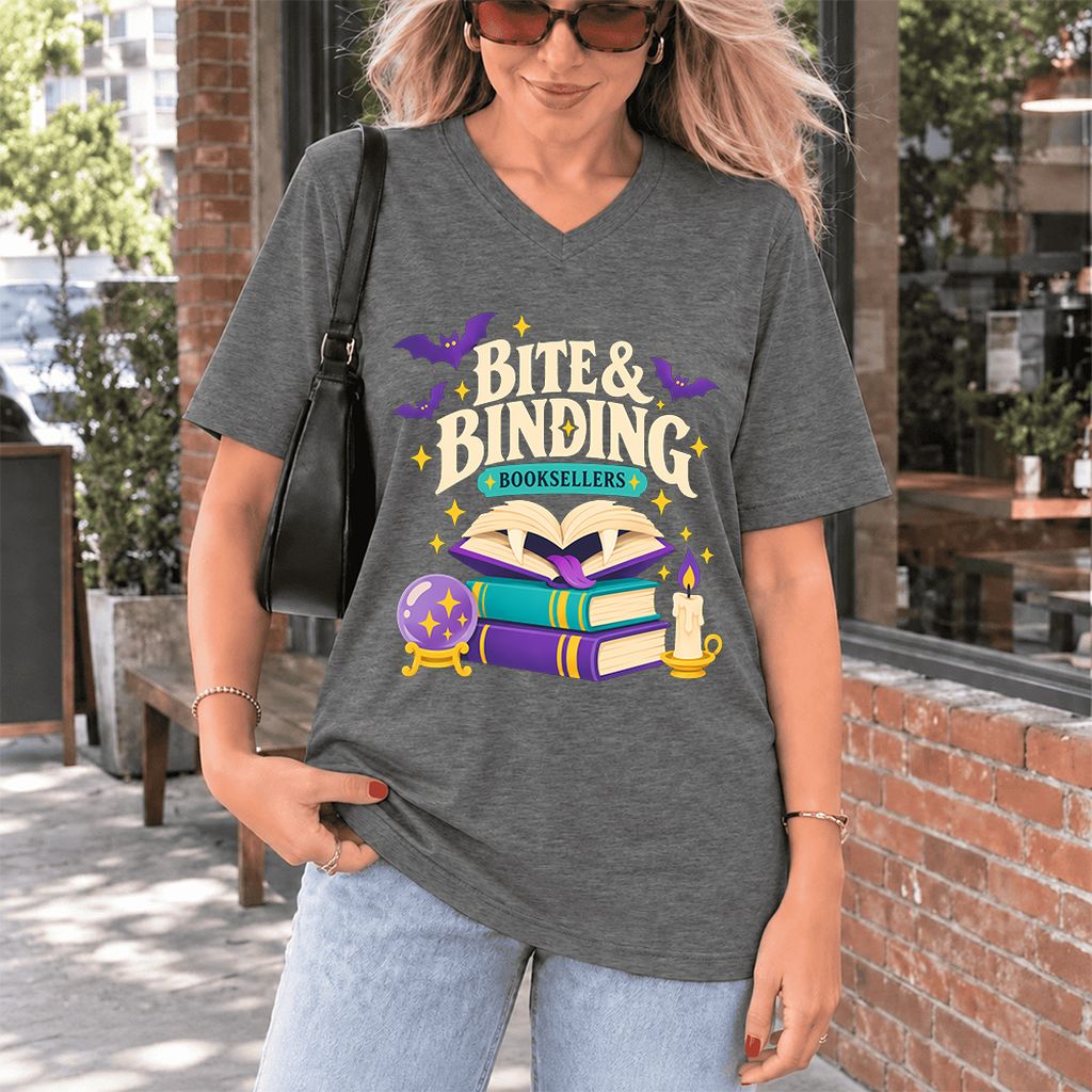 Bite & Binding Booksellers Ultra-Soft V-Neck | Fantasy Reader Gift Deep Heather