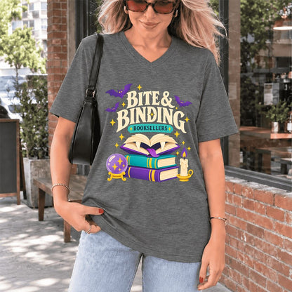 Bite & Binding Booksellers Ultra-Soft V-Neck | Fantasy Reader Gift Deep Heather