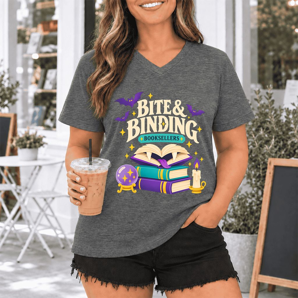 Bite & Binding Booksellers Ultra-Soft V-Neck | Fantasy Reader Gift Deep Heather