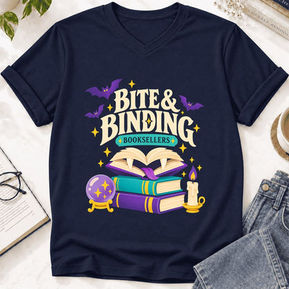Bite & Binding Booksellers Ultra-Soft V-Neck | Fantasy Reader Gift Navy
