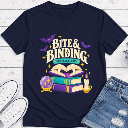 Bite & Binding Booksellers Ultra-Soft V-Neck | Fantasy Reader Gift Navy