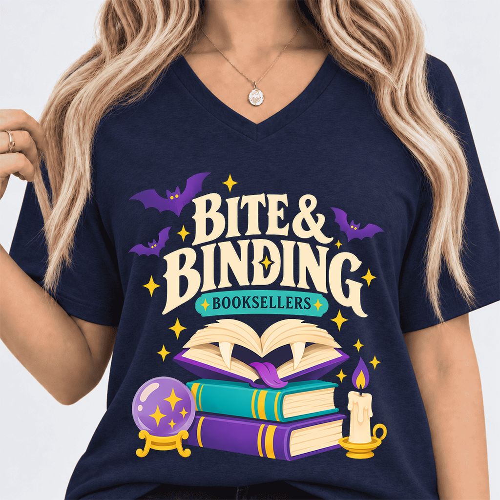 Bite & Binding Booksellers Ultra-Soft V-Neck | Fantasy Reader Gift Navy