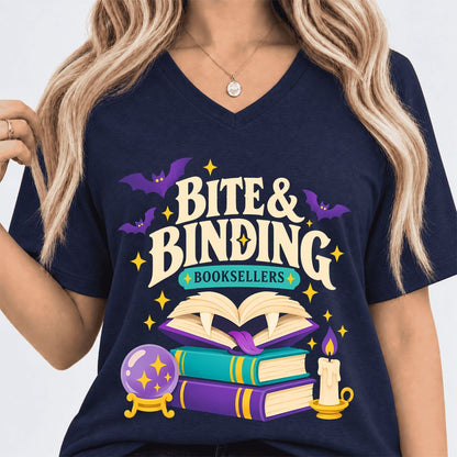 Bite & Binding Booksellers Ultra-Soft V-Neck | Fantasy Reader Gift Navy