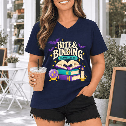 Bite & Binding Booksellers Ultra-Soft V-Neck | Fantasy Reader Gift Navy