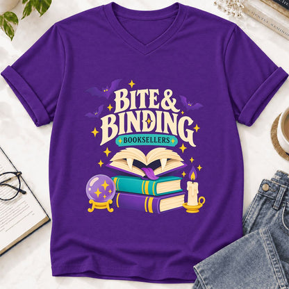 Bite & Binding Booksellers Ultra-Soft V-Neck | Fantasy Reader Gift Team Purple