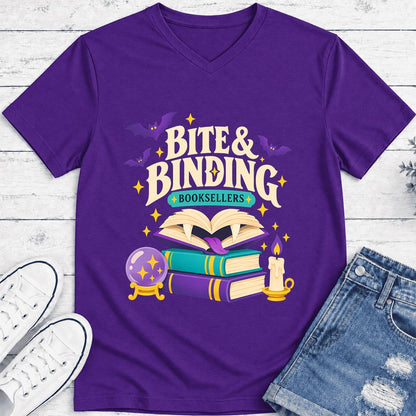Bite & Binding Booksellers Ultra-Soft V-Neck | Fantasy Reader Gift Team Purple
