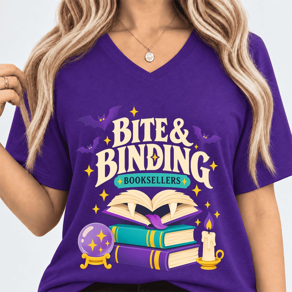 Bite & Binding Booksellers Ultra-Soft V-Neck | Fantasy Reader Gift Team Purple