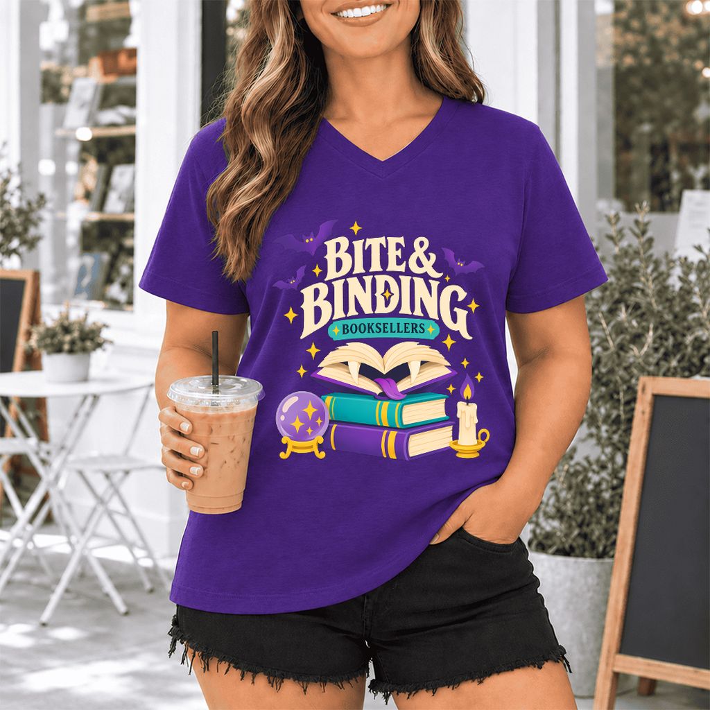 Bite & Binding Booksellers Ultra-Soft V-Neck | Fantasy Reader Gift Team Purple