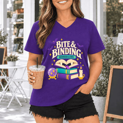 Bite & Binding Booksellers Ultra-Soft V-Neck | Fantasy Reader Gift Team Purple