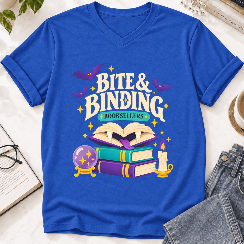 Bite & Binding Booksellers Ultra-Soft V-Neck | Fantasy Reader Gift True Royal