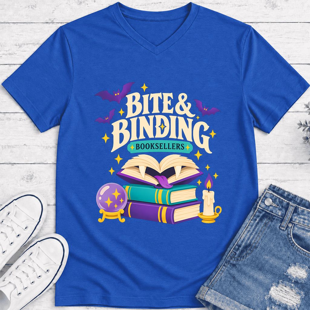 Bite & Binding Booksellers Ultra-Soft V-Neck | Fantasy Reader Gift True Royal