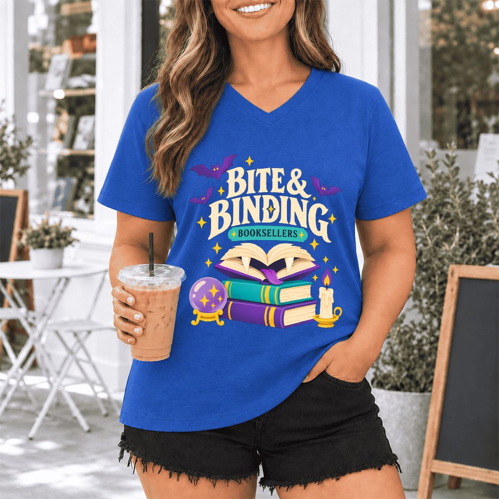 Bite & Binding Booksellers Ultra-Soft V-Neck | Fantasy Reader Gift True Royal