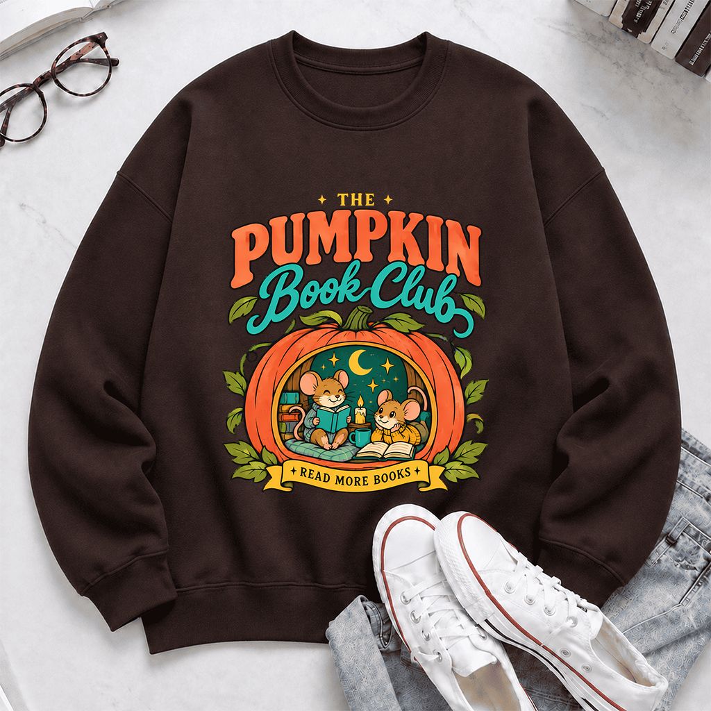The Pumpkin Book Club Printed Sweatshirt | Halloween Book Lover Gift Dark Chocolate
