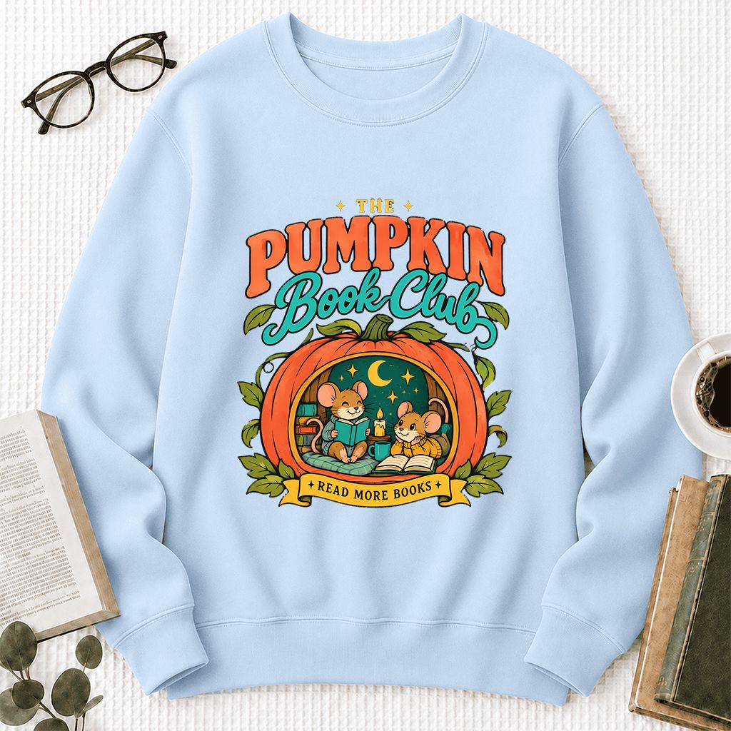 The Pumpkin Book Club Printed Sweatshirt | Halloween Book Lover Gift Light Blue