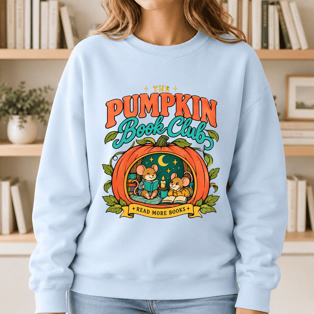 The Pumpkin Book Club Printed Sweatshirt | Halloween Book Lover Gift Light Blue