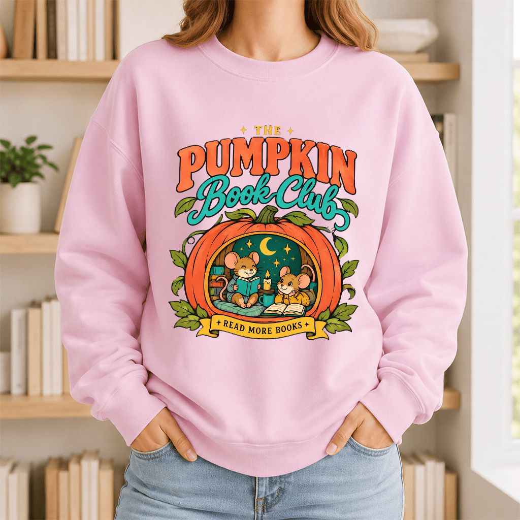 The Pumpkin Book Club Printed Sweatshirt | Halloween Book Lover Gift Light Pink