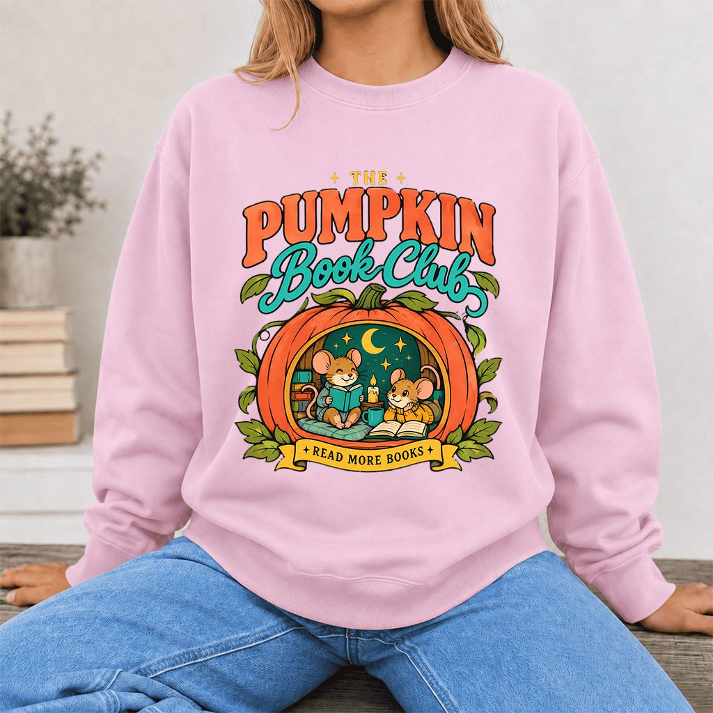 The Pumpkin Book Club Printed Sweatshirt | Halloween Book Lover Gift Light Pink