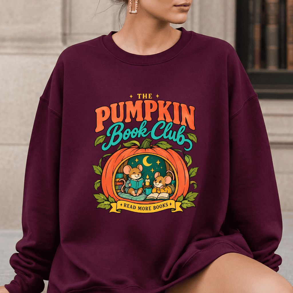The Pumpkin Book Club Printed Sweatshirt | Halloween Book Lover Gift Maroon
