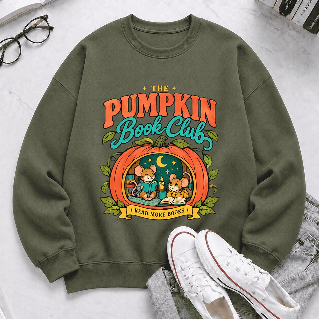 The Pumpkin Book Club Printed Sweatshirt | Halloween Book Lover Gift Military Green