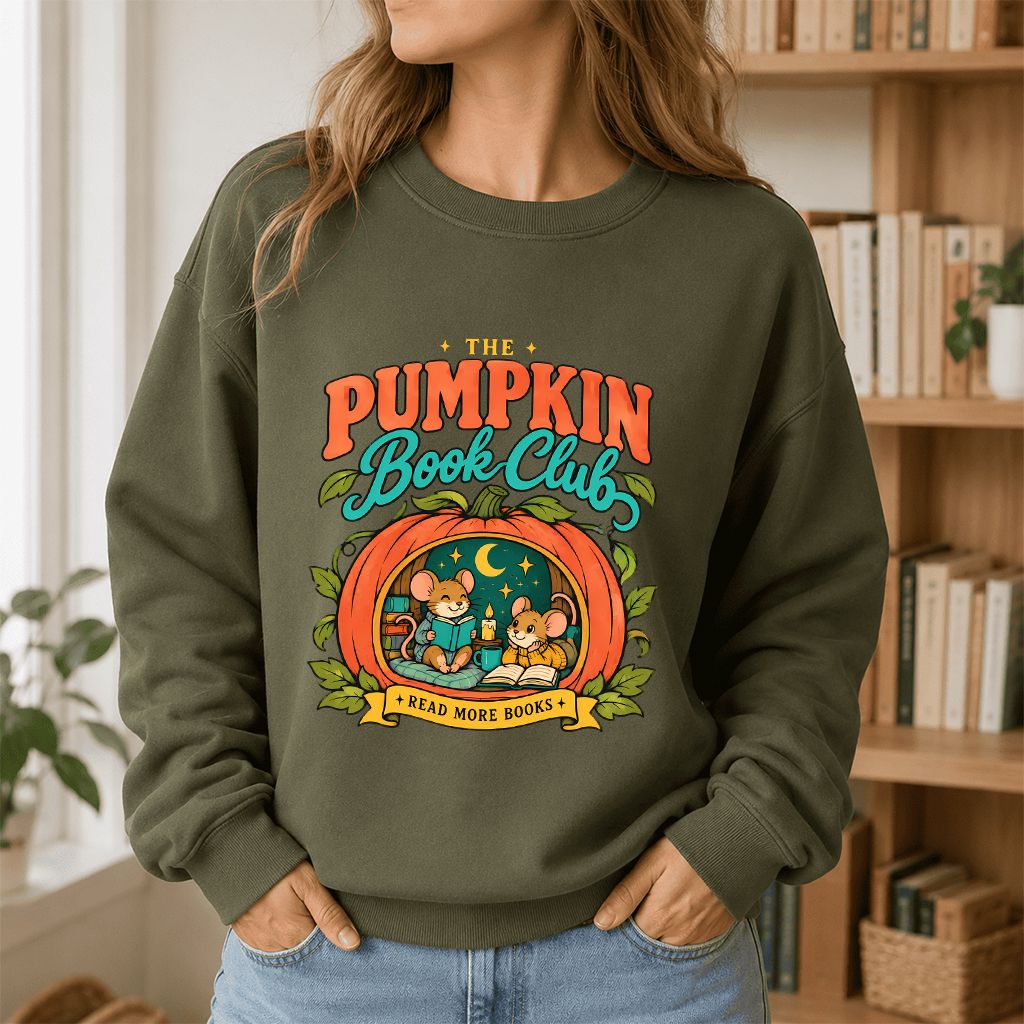 The Pumpkin Book Club Printed Sweatshirt | Halloween Book Lover Gift Military Green