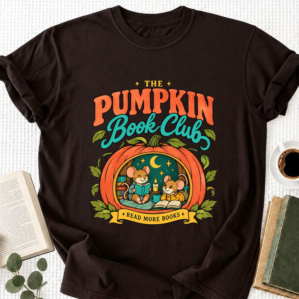 The Pumpkin Book Club Printed T-Shirt | Halloween Book Lover Gift Dark Chocolate