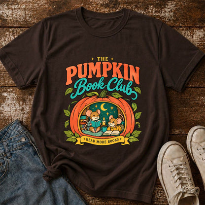 The Pumpkin Book Club Printed T-Shirt | Halloween Book Lover Gift Dark Chocolate
