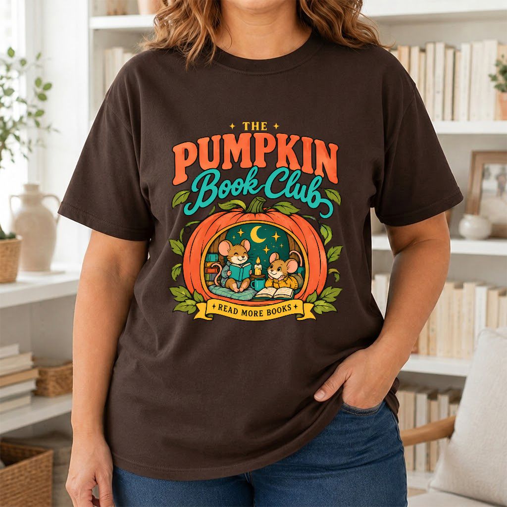 The Pumpkin Book Club Printed T-Shirt | Halloween Book Lover Gift Dark Chocolate